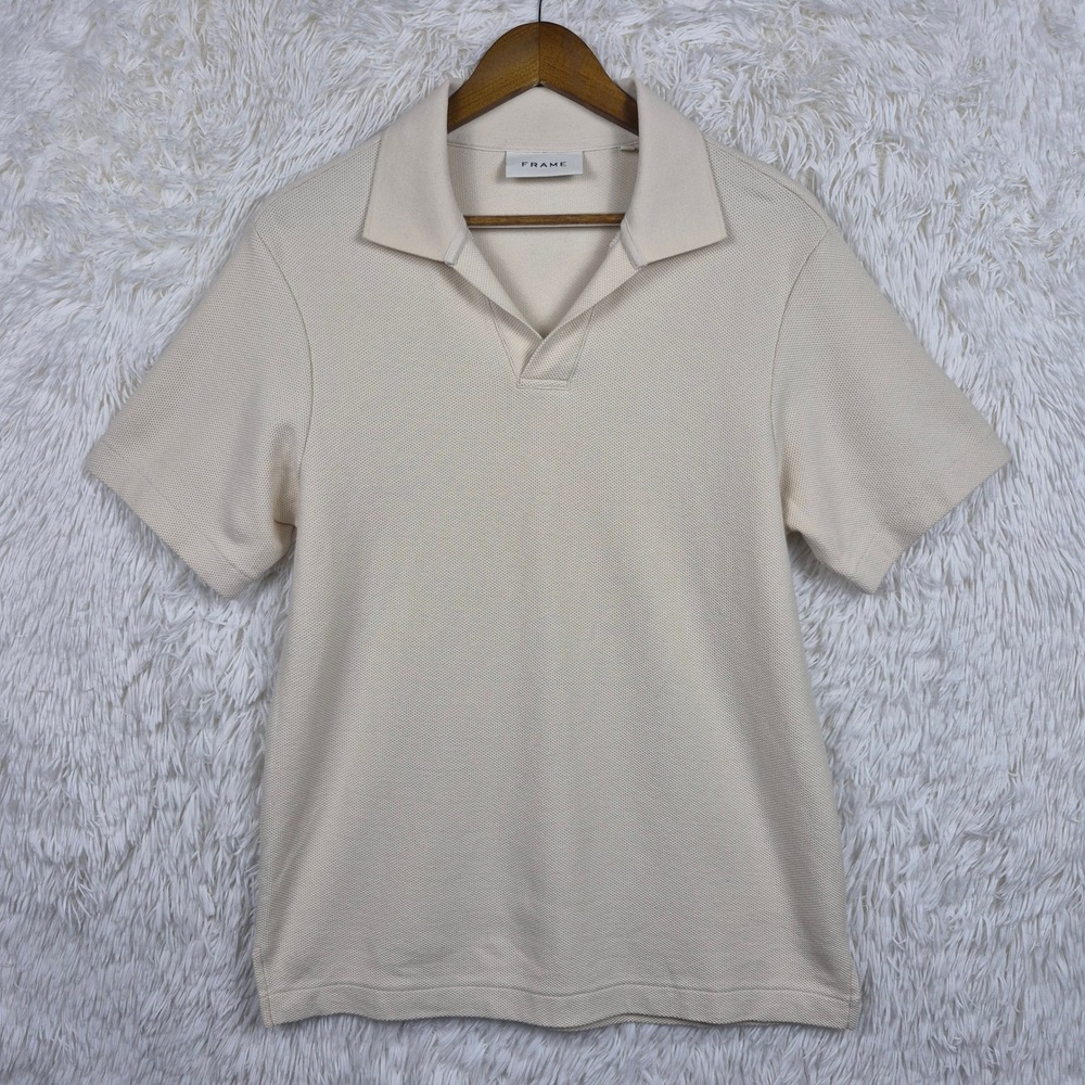 FRAME Mens S Cream Textured Short Sleeve Johnny Collar Polo Shirt Quiet Luxury
